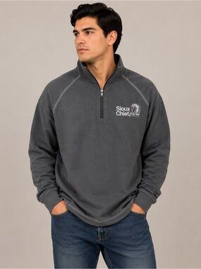 AKWA Classic Sioux Chief Men’s XL Gray 1/4 Zip Pullover Made in USA Embroidered